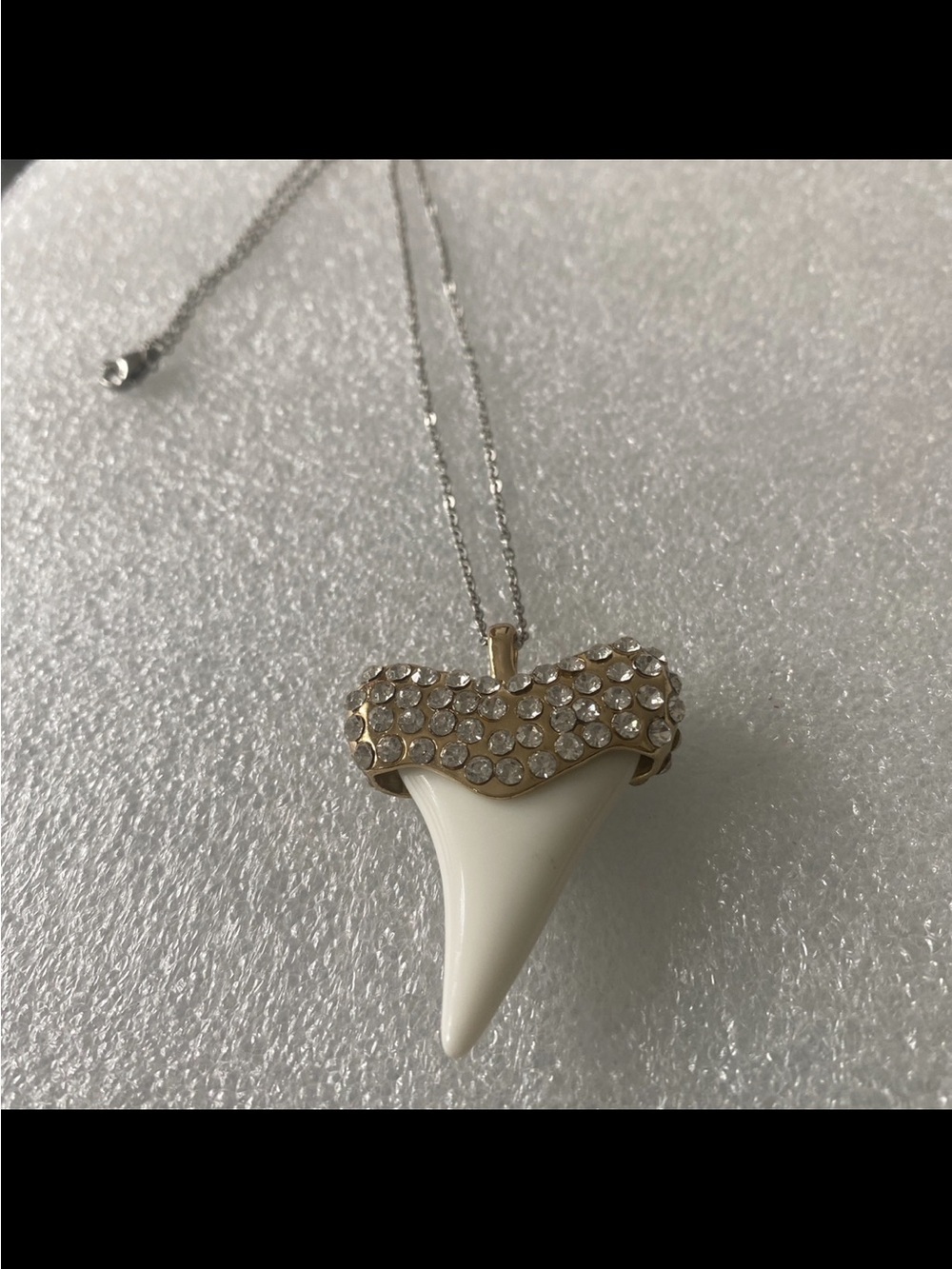 Crystal Accented White Shark Tooth Pendant Necklace unisex